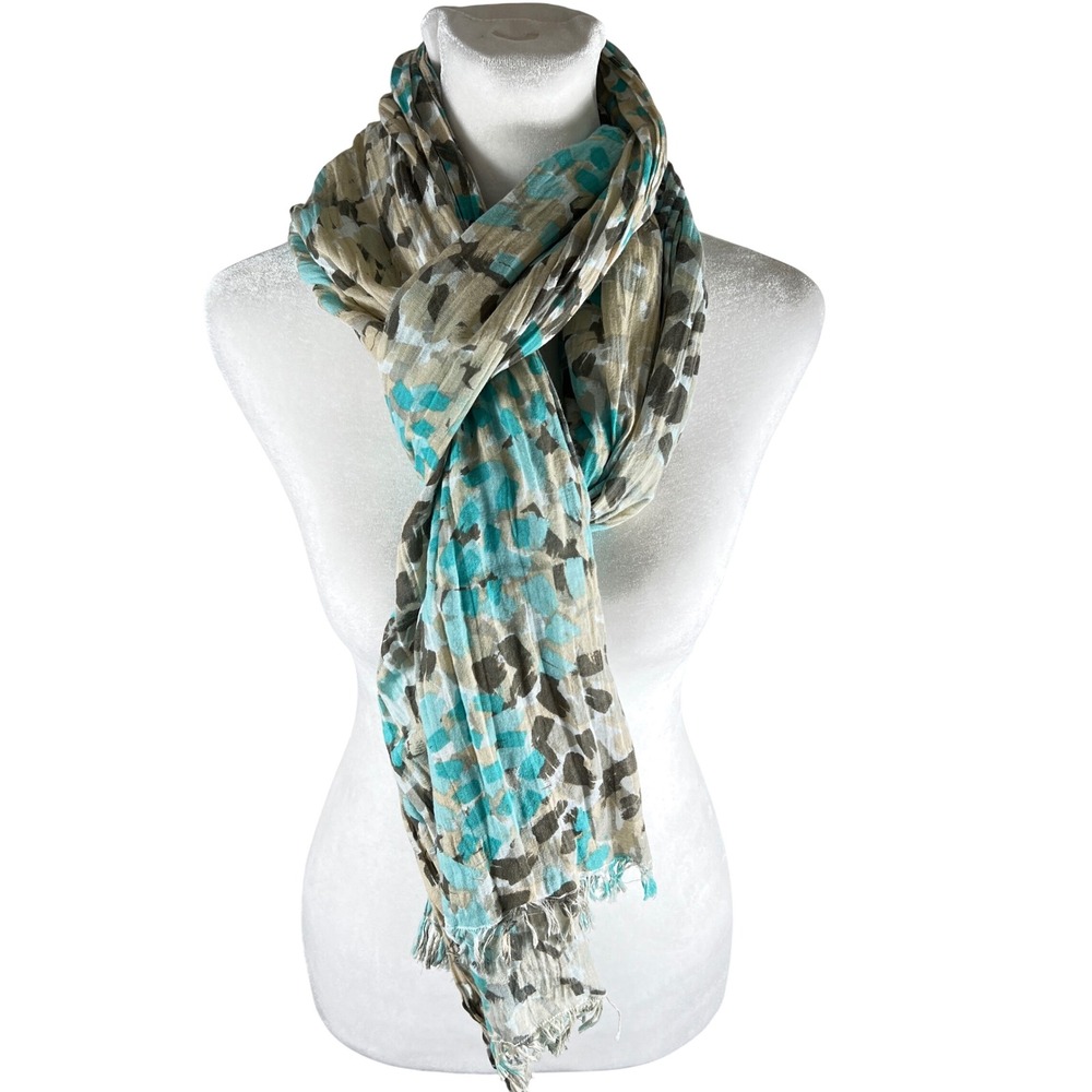 Tommy‎ Bahama Scarf Womens Blue Tan Abstract Print Pleated Lightweight Cotton